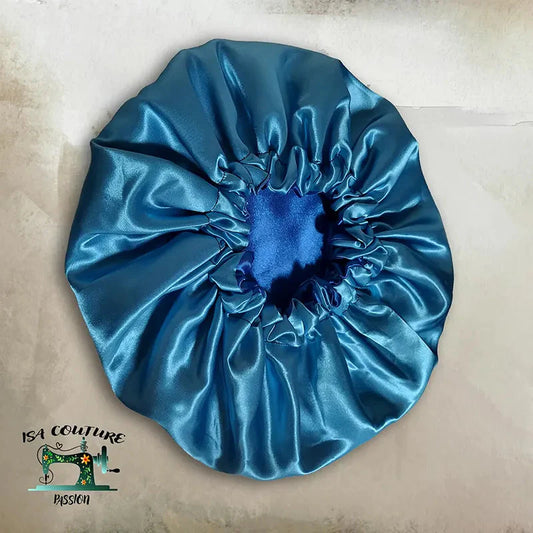 bonnet satin bleu réversible artisanal protecteur cheveux soin nuit doux et élégant