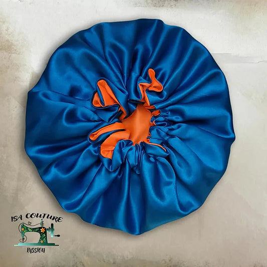 bonnet en satin bleu et orange pour soin du visage et cheveux coffret zéro déchet écologique et élégant