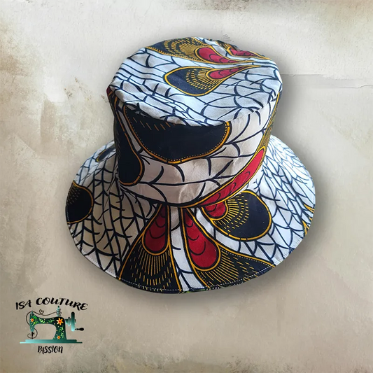 Chapeau en Wax Réversible – Plume de Paon (Blanc / Vert) taille 52 cm - Isa couture passion