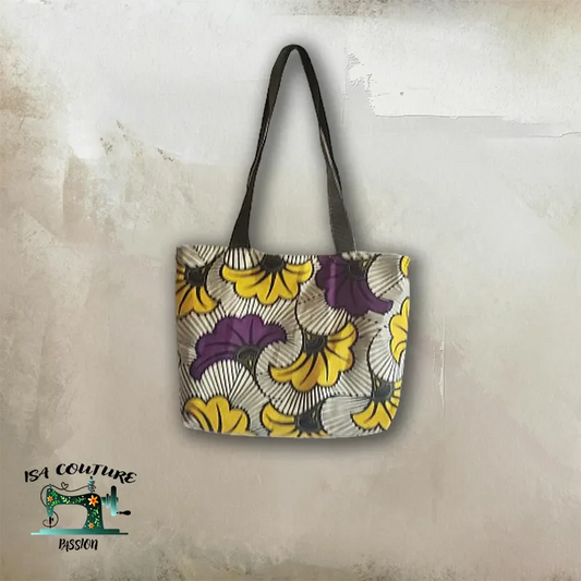 Sac à main wax enduit 35x27 cm motifs colorés jaune et violet spacieux et résistant à l'eau