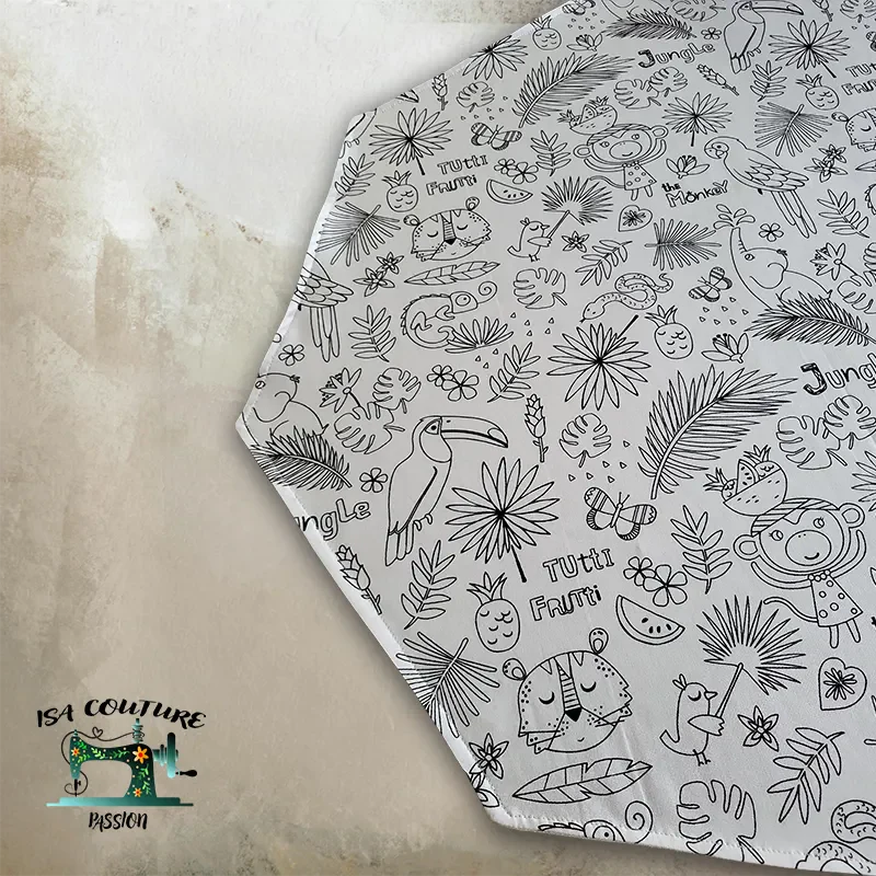 Tapis de coloriage géant lavable avec motifs jungle pour enfants, format 70x70 cm, feutres lavables inclus.