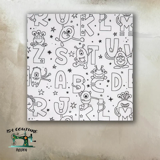 Patron de couture PDF pour tapis de coloriage octogonal lavable avec motifs alphabet et monstres amusants.