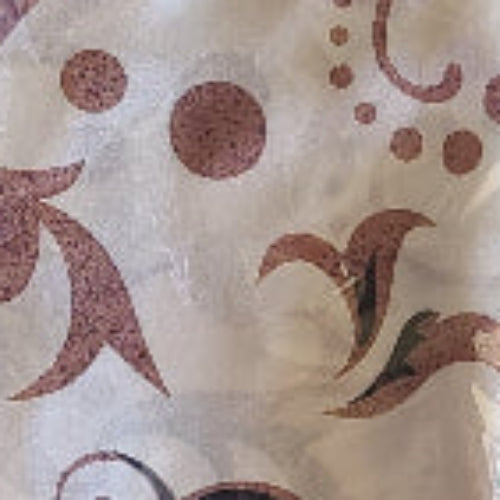 Sublime tissu satiné marron avec motifs fleurs et oiseaux, idéal pour créations couture élégantes.