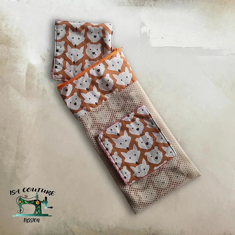Filet de lavage écologique avec motifs animaux pour coffret bébé zéro déchet, coton biologique et bambou.