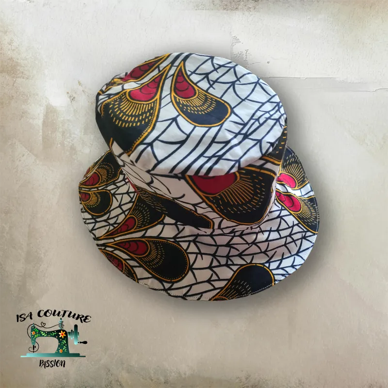 Chapeau en Wax Réversible – Plume de Paon (Blanc / Vert) taille 52 cm - Isa couture passion
