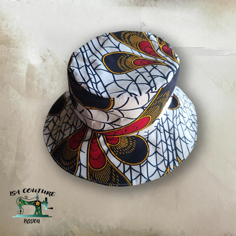 Chapeau en Wax Réversible – Plume de Paon (Blanc / Vert) taille 52 cm - Isa couture passion