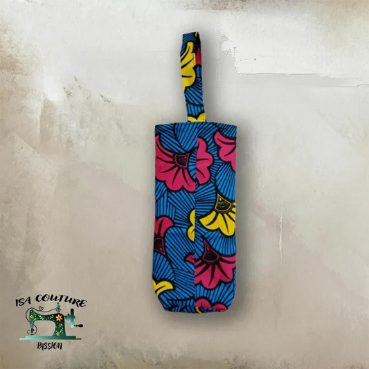 porte bouteille en tissu coloré avec motifs floraux jaunes, rouges et bleus, design élégant et moderne, 16x32 cm, idéal pour présentation et rangement sécurisé des bouteilles
