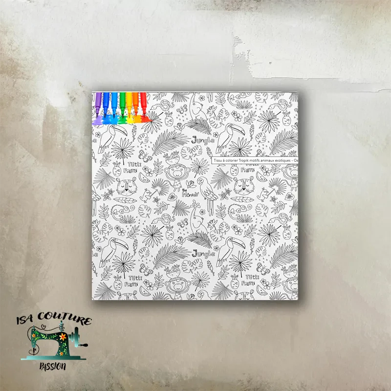 Tapis de coloriage géant lavable 70x70 cm avec motifs animaux exotiques et feutres colorés inclus pour enfants.